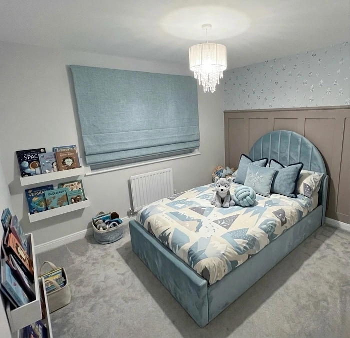 Ice Blue Upholstered Bed with Display Book Shelves