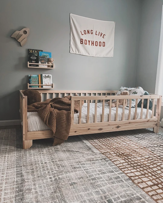 Low Wood Bed With Wall Book Ledges