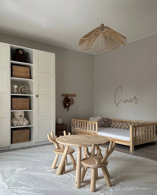 Neutral Playroom Bedroom with Natural Wood Furniture
