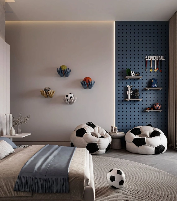 Soccer Lounge Corner with Pegboard Trophy Wall