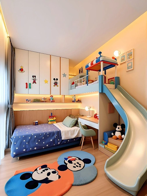 Loft Bed with Slide and Built In Study Nook
