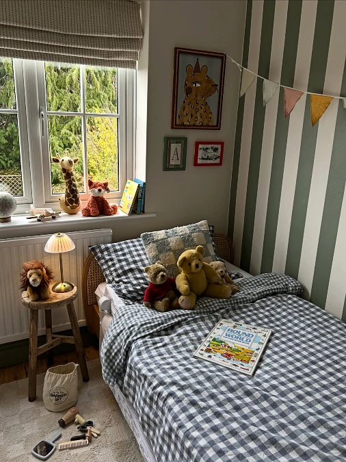 Sage Stripe Accent Wall with Gingham Bedding