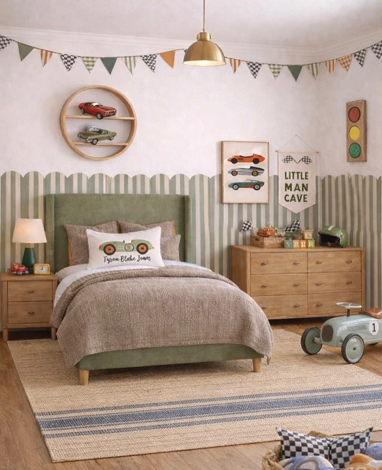 Vintage Race Car Bedroom with Green Stripe Wall