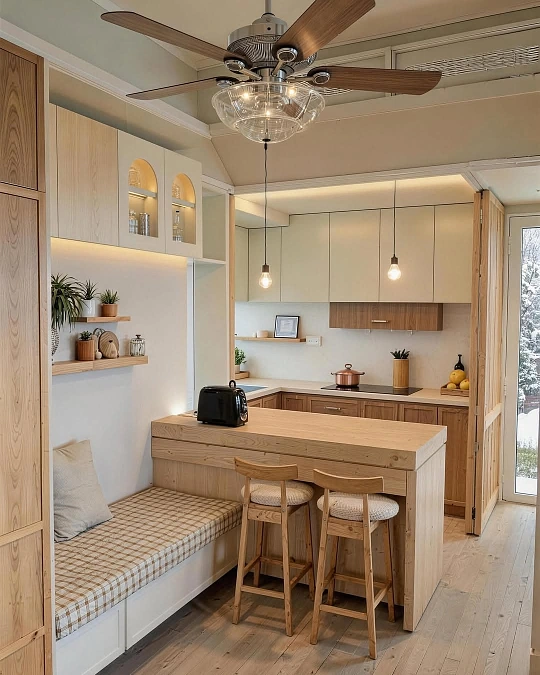 Wood Kitchen Nook with Pendant Bulbs and Cabinet Glow
