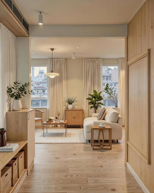 Soft Track Lights Through a Pale Wood Apartment