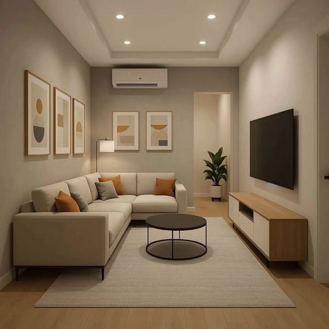 Recessed Ceiling Lights Above a Narrow Living Room