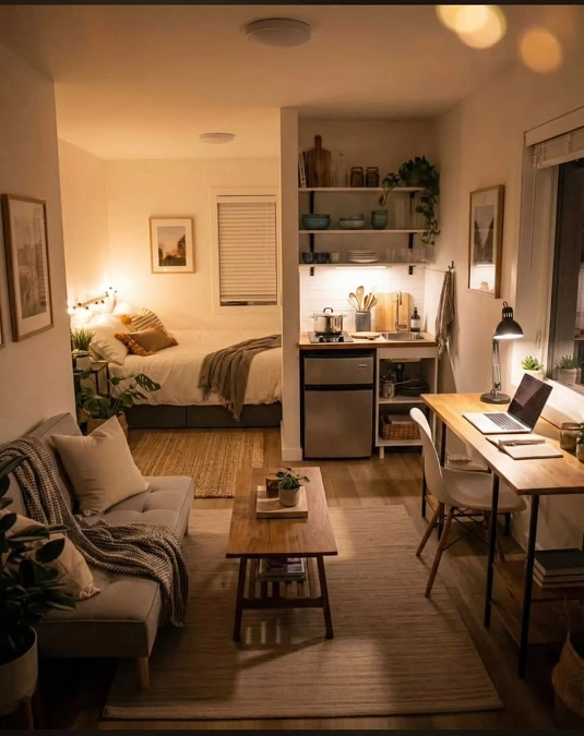 Studio Apartment Glow with Desk Lamp and Kitchen Strip Light