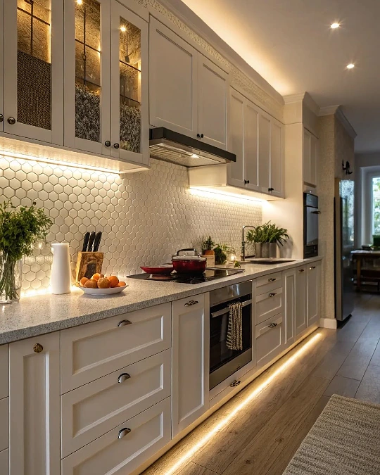 Cabinet Strip Lighting Along a Galley Kitchen