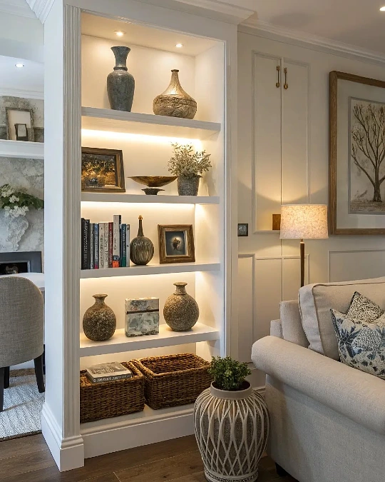 Lit Built In Shelves Beside a Cozy Sofa