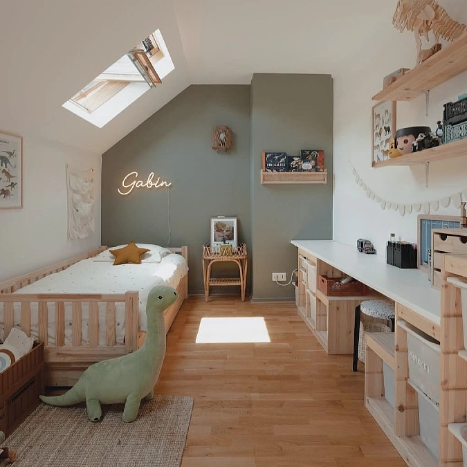 Sloped Ceiling Study Nook with Olive Accent Wall