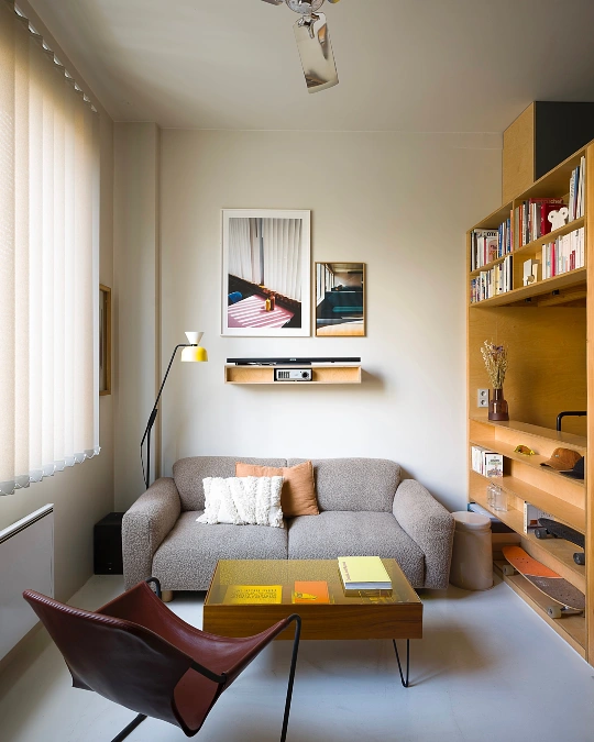 Warm Neutral Living Room With Built In Storage