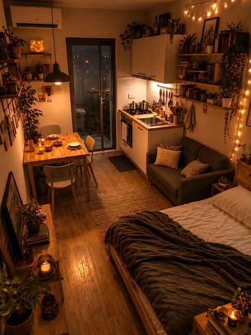 Warm Studio Apartment With Soft Lighting