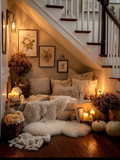 Under Stair Reading Nook With Candlelight