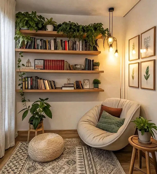 Plant Filled Reading Corner With Open Shelves