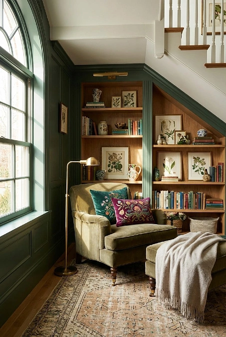 Under Stair Library Nook With Deep Green Walls