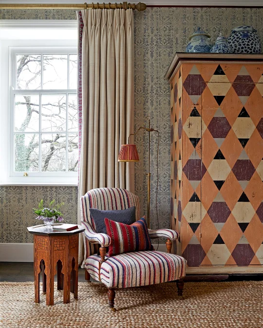 Patterned Reading Corner With Vintage Charm