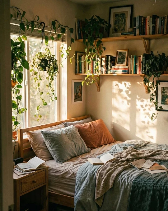 Sunlit Bedroom With Hanging Plants