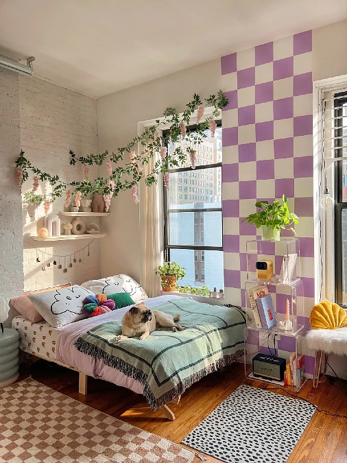 Lilac Checkerboard Accent Stripe in a Bright Bedroom