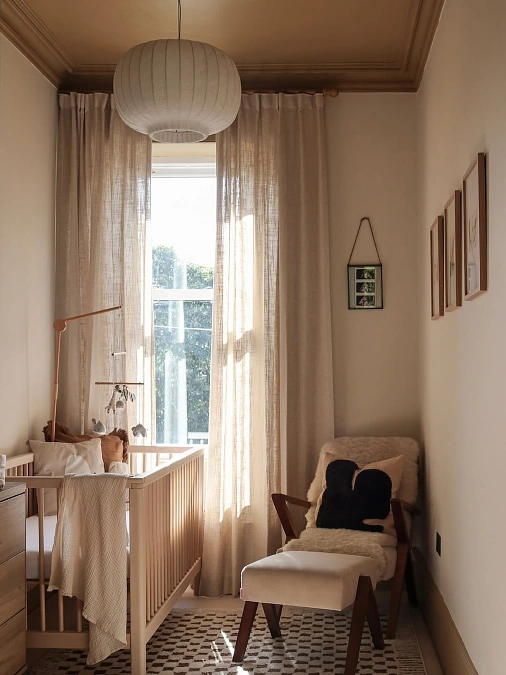 Sandy Beige Nursery with Mustard-Ochre Painted Ceiling