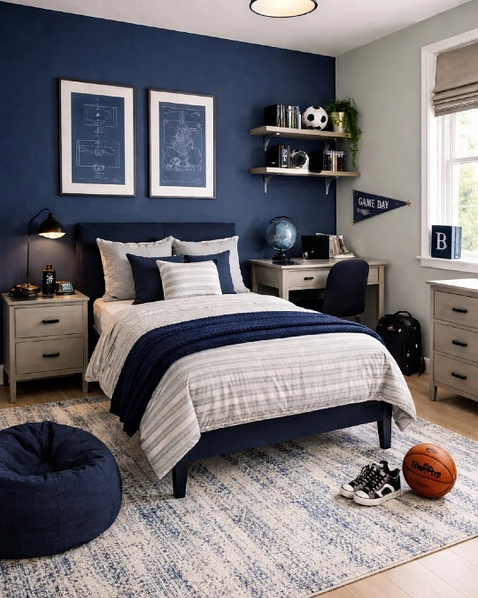 Deep Navy Bedroom Feature Wall with Pale Sage Trim