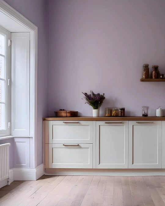 Muted Lilac Kitchen Walls with Cream Shaker Cabinets