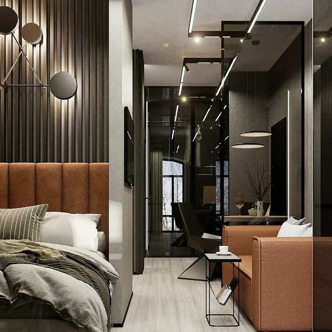 Charcoal Slat Wall Bedroom with Tan Leather Elements