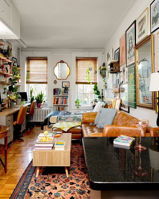 Gallery Wall Studio with a Cognac Leather Sofa