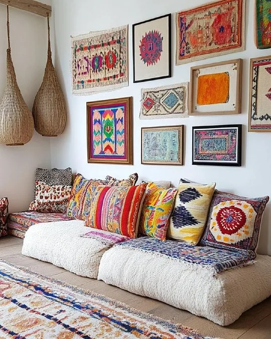 Textile Art Wall with Colorful Floor Cushions