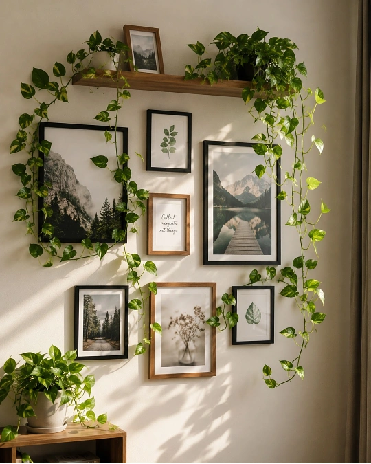 Trailing Pothos Gallery Wall with Floating Wood Shelf