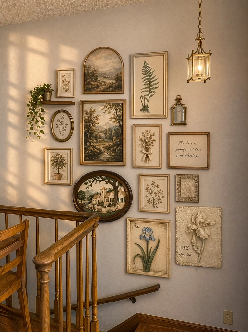 Vintage Botanical Gallery Wall Along a Staircase