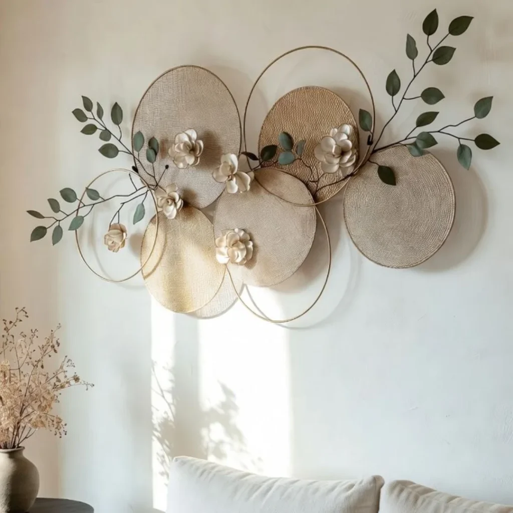 Layered Metal Rings with Sculpted Floral Wall Art