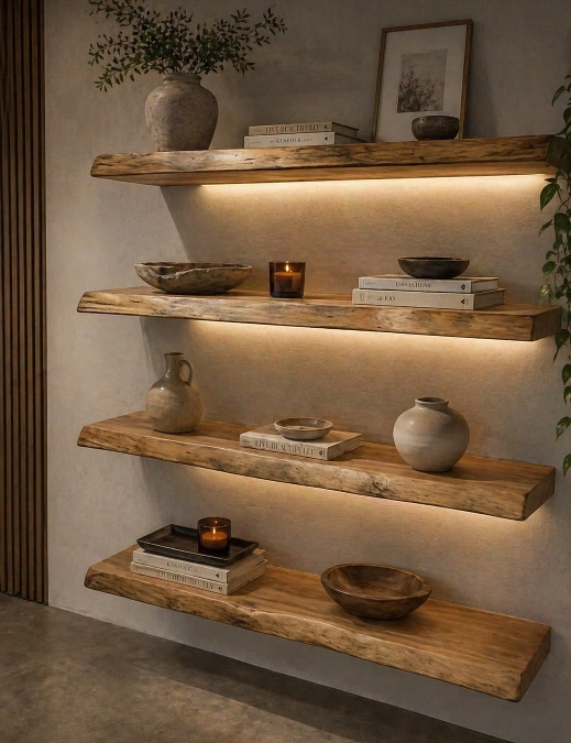 Live Edge Floating Shelves with Warm Backlighting