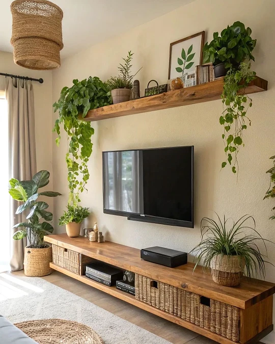Plant Filled TV Wall with Rustic Floating Shelf