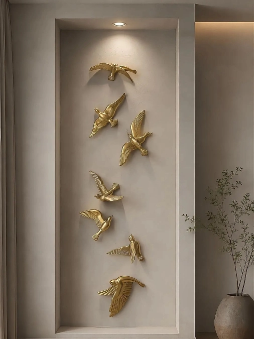 Gold Flying Bird Sculpture Wall in a Recessed Niche