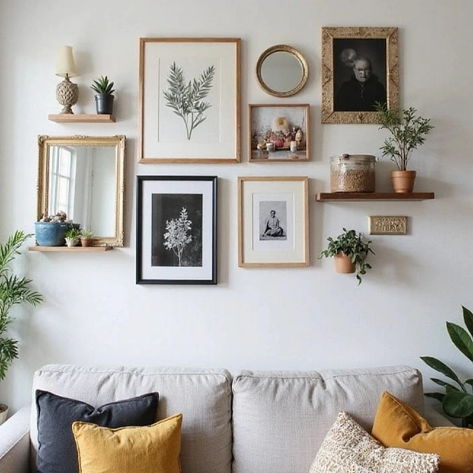 Mixed Frame Gallery Wall with Floating Plant Shelves
