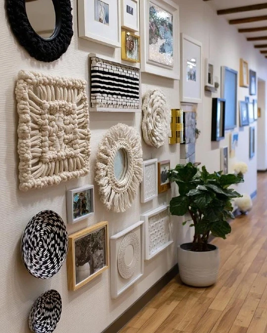 Textured Hallway Gallery Wall with Macramé and Mirrors