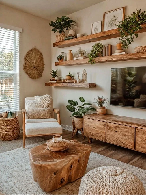 Floating Wood Shelves with Layered Greenery Display