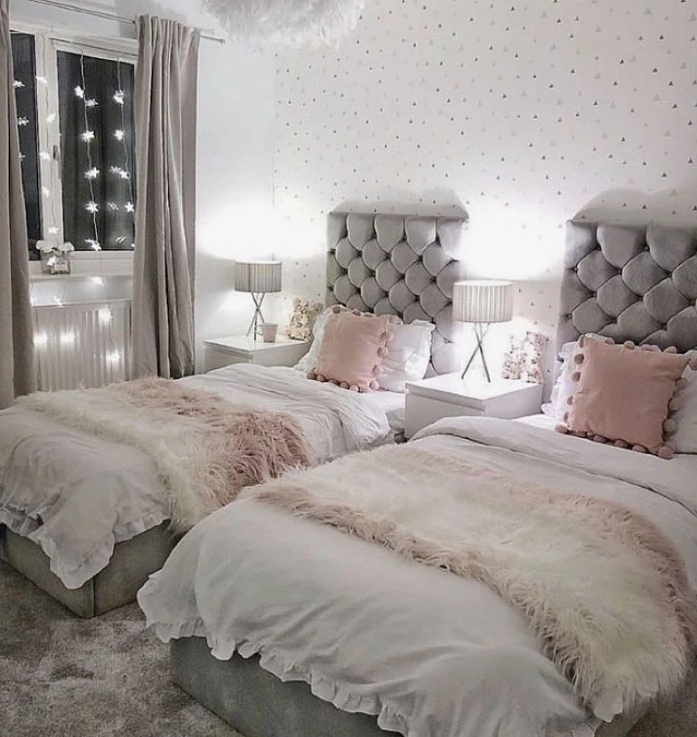 Tufted Gray Headboards with Fairy Lights