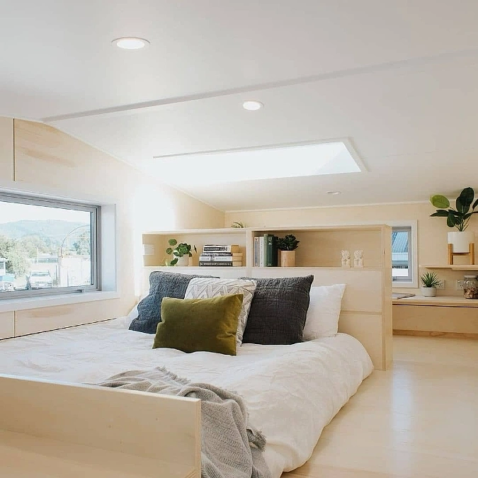 Low Bed + Shelf Headboard + Skylight