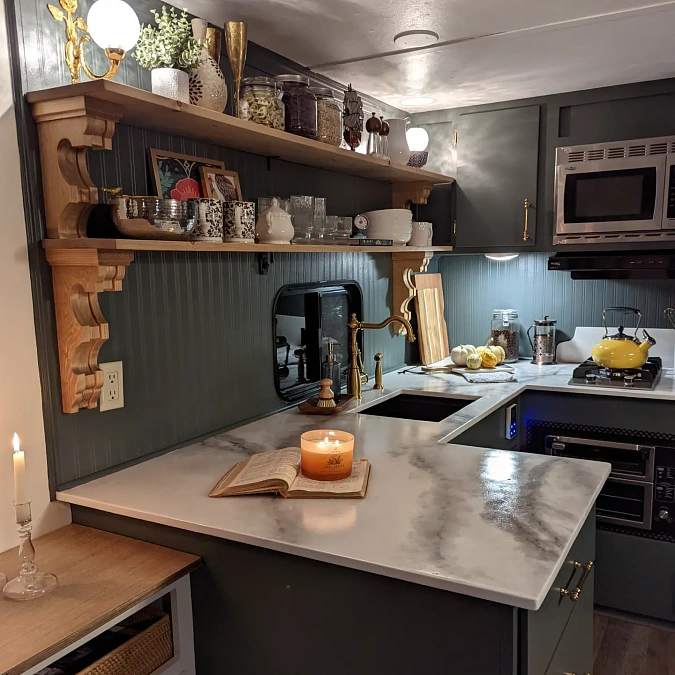 Open Shelves + Marble Counter + Brass Fixtures