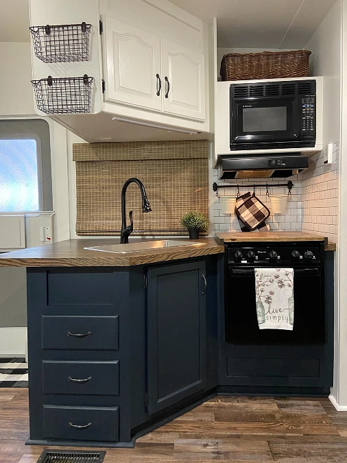 Navy Cabinets and Warm Wood