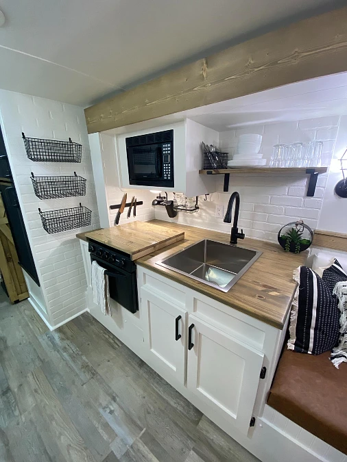 White Cabinets + Wood Counter + Open Shelf