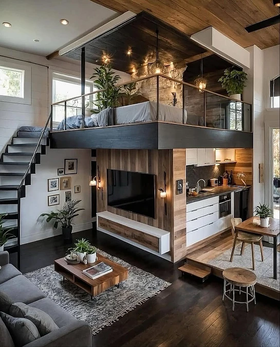 Dark Wood Loft + Glass Railing