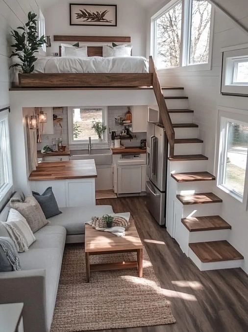 Warm White Loft with Open Stairs