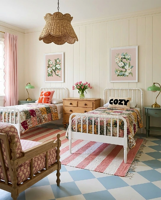 Eclectic Spindle Beds with Patchwork Quilts