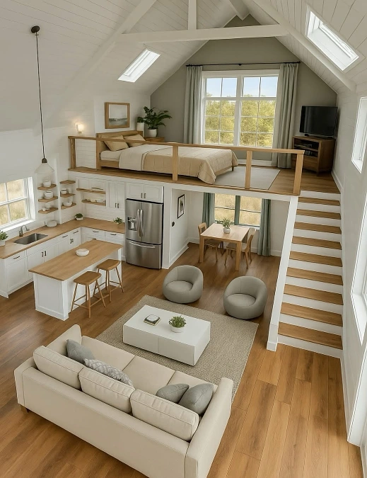 Sunlit Loft Bedroom Over Open Living