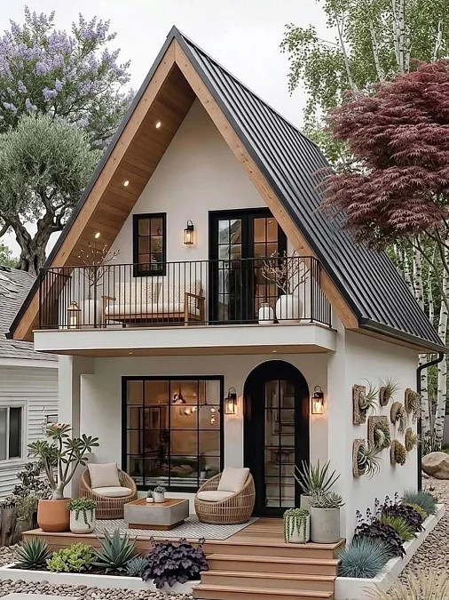 Black Metal Roof + Cedar Trim + White Stucco