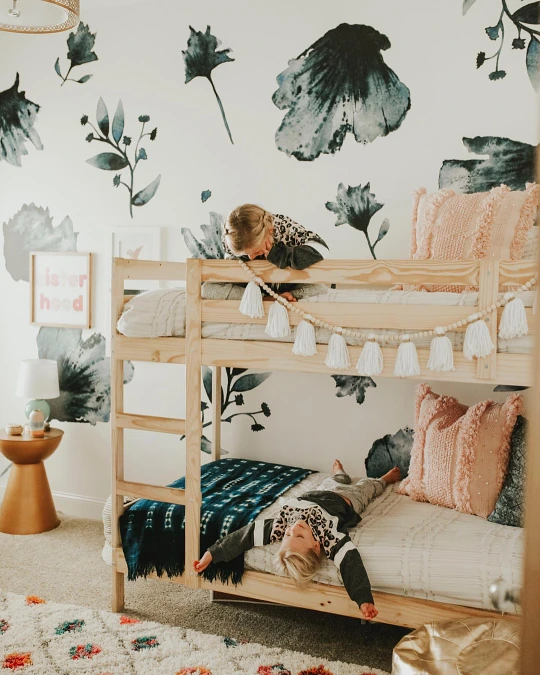 Wooden Bunk Bed with Watercolor Floral Wallpaper