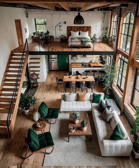 Double-Height Loft with Emerald Accents