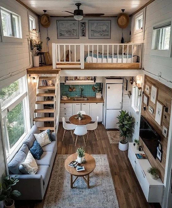 Compact Loft + Teal Kitchen Backsplash